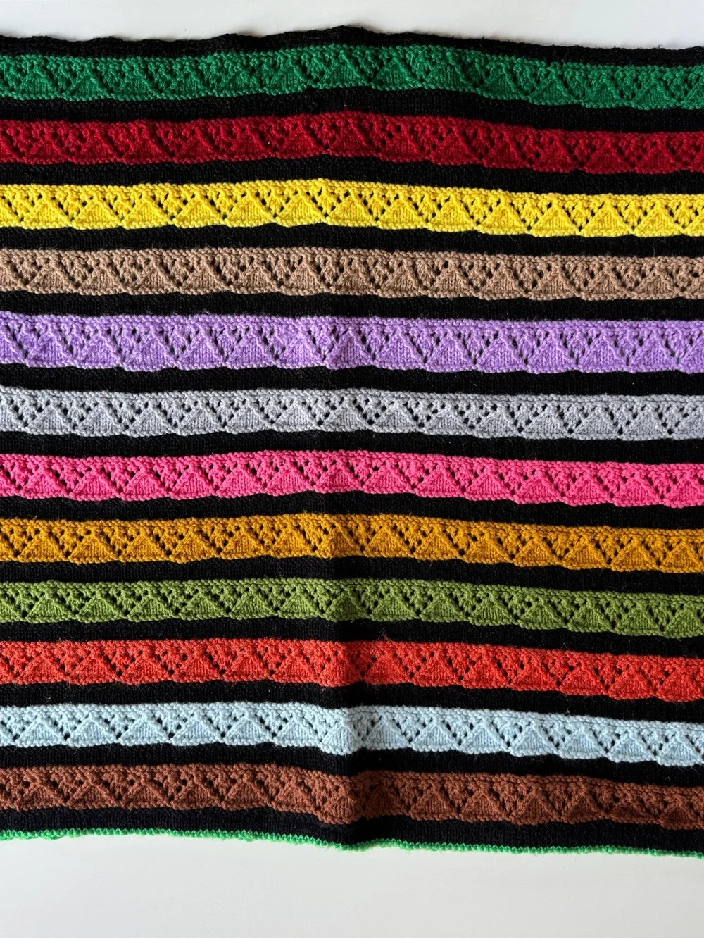 VTG Rainbow Stripe Handmade Afghan Multicolor Black Throw Boho Cottage 68x46